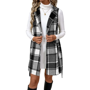 Classic plaid long vest coat with lapels and pockets for women in black and white