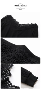 Detail of elegant black lace patchwork on V-neck long sleeve top with ribbed cuffs