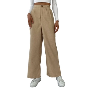 Women's high waist corduroy wide leg pants in khaki brown with button fly detail