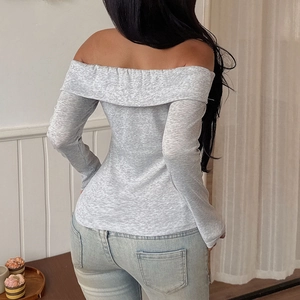 Slim fit grey off-shoulder long sleeve T-shirt for women shown from the back view