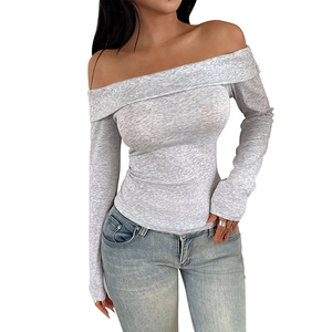 Slim fit off-shoulder long sleeve knit top in heather grey color with casual style