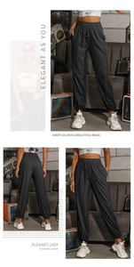 Vertical collage of grey high-waisted joggers with elastic drawstring waist and side pockets