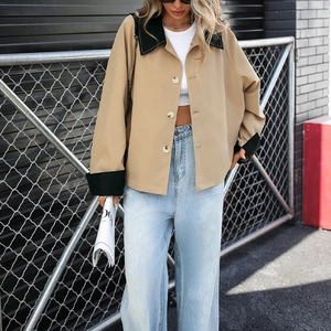 Women Fashion Contrast Color Cropped Jacket Long Sleeve Lapel Single Breasted Polyester Khaki Casual Streetwear Outerwear