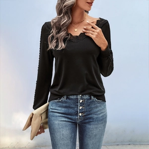 Elegant black long sleeve V-neck top for women with delicate lace patchwork detailing