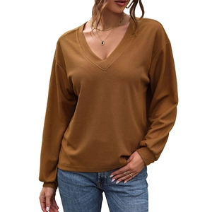 Haut vintage col en V pour femmes en maille gaufrée marron caramel à manches longues