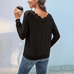 Women's black V-neck long sleeve top with floral lace patchwork and elegant knit texture