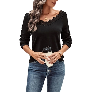 Women's black V-neck long sleeve top with delicate lace trim and soft knit fabric