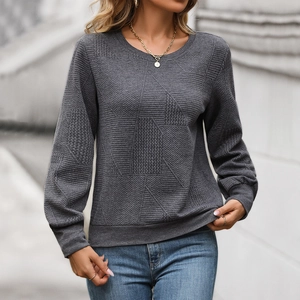 Women's dark gray crewneck sweatshirt with textured geometric knit pattern and ribbed cuffs