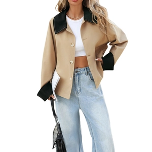 Women's khaki cropped utility jacket with black contrast collar and loose silhouette
