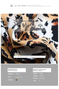 Detailed macro view of woven leopard print fabric texture and sizing chart information
