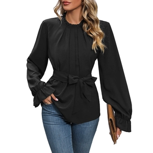 Elegant black long sleeve ruffled blouse with bow tie waist and stand collar