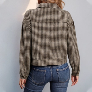 Women's plaid cropped jacket with houndstooth pattern and dropped shoulders back view