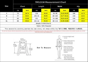 Detailed size chart for striped jumpsuits with bust, waist and hip measurements in cm and inch