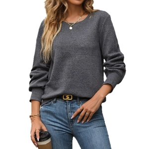 Women's dark gray textured crewneck sweatshirt with retro geometric knit pattern