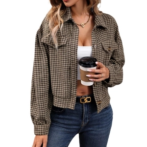 Women's vintage plaid cropped jacket with lapel collar and single-breasted buttons