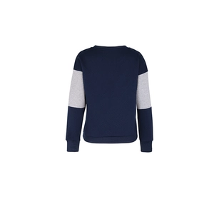 Detailed view of the navy blue textured long-sleeve sweatshirt with grey color-blocking