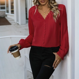 Women's casual red long-sleeve blouse with lace trim and V-neckline button detail