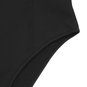 Detail of professional double-needle stitching on the black mesh bodysuit edges