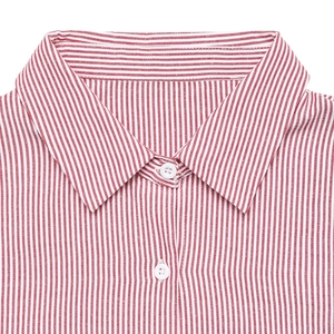 Women's red and white striped lantern sleeve shirt with classic lapel and button detail