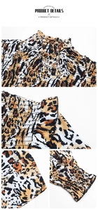 Detailed views of leopard print blouse with smocked high neck and ruffle sleeve accents