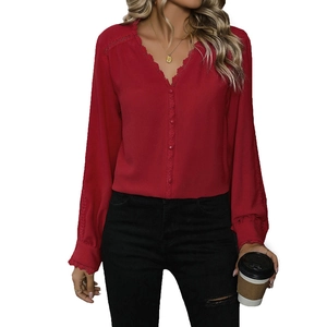 Women's casual red long-sleeve blouse with V-neck lace trim and buttons on white background