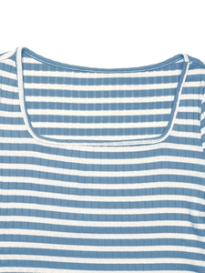 Detail of square neckline and blue white ribbed striped texture of the slim-fit top