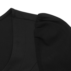 Detail of V-neckline and pleated shoulder seams on black mesh bodysuit for women