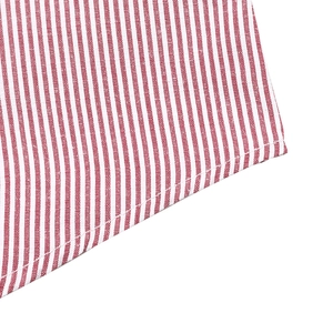 Detail shot of red and white striped fabric with neat hem stitching and smooth texture