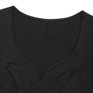 Detail shot showing the V-notch neckline with premium stitching on black knit bodysuit