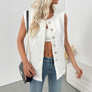 Women Elegant White Tweed Vest Sleeveless Jacket French Style Single Breasted Gold Button Waistcoat For Office Lady Outerwear