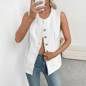 Elegant white tweed sleeveless vest for women with gold buttons and fringe trim details