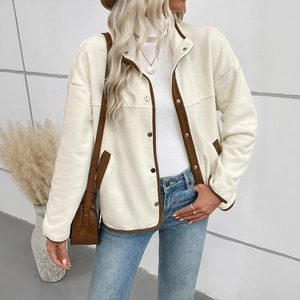 Women's beige polar fleece jacket with brown contrast trim and stand collar casual outerwear