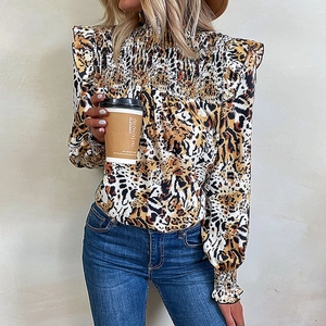 Women's leopard print long sleeve shirt with ruffle trim and high neck design