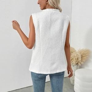 Elegant white tweed sleeveless vest for women showing a minimalist back silhouette