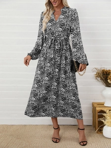 Dames Etnische Paisley Print V-Hals Lange Mouw Maxi Jurk Elegante Viscose Boho Lange Jurk Met Strikceintuur Voor Vakantie