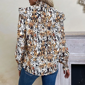 Women's leopard print blouse featuring ruffled high neck and long sleeves with frill detail