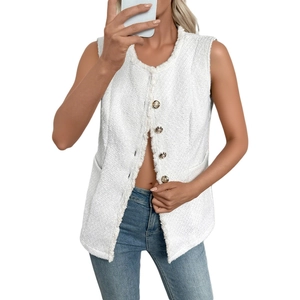 Elegant white tweed vest for women featuring gold buttons and fringe trim details