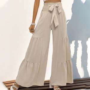 Women High Waist Tiered Flare Pants Smocked Elastic Waist Ruffle Wide Leg Trousers With Bow Tie Summer Vacation Casual Pants