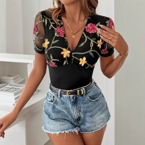 Damen Body mit V-Ausschnitt, Netzgewebe, Blumenstickerei und durchsichtigen Puffärmeln