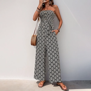 Women Bohemian Strapless Jumpsuit Geometric Diamond Print Smocked Wide Leg Romper Summer Vacation High Waist Tie Jumpsuit