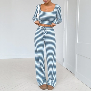 Women's two-piece striped loungewear set with crop top and drawstring wide-leg pants