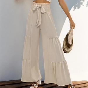 Women's summer high waisted tiered wide leg flare pants in apricot with elastic waist