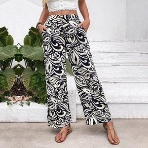 Women High Waist Wide Leg Pants Paisley Floral Print Bohemian Summer Vacation Casual Straight Long Trousers With Pockets