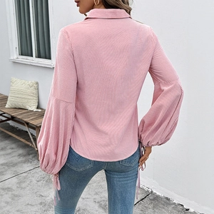 Women's pink striped shirt with elegant lantern sleeves and back view detailing