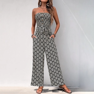 Women's strapless wide-leg jumpsuit with black and white geometric ethnic print and waist tie