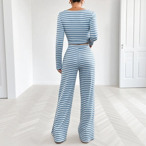 Women's 2-piece blue striped lounge set with crop long sleeve top and wide leg pants