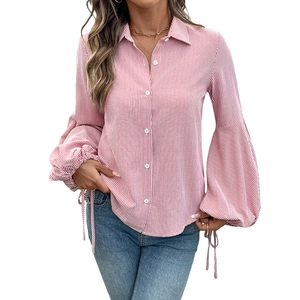 Elegant striped long sleeve blouse with lantern sleeves and drawstring cuffs for women