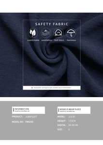 Detail of navy blue breathable fabric texture and model sizing information for jumpsuit