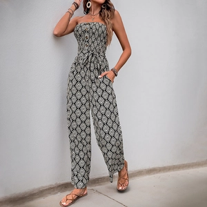 Bohemian strapless smocked jumpsuit with black and white geometric print for summer vacation