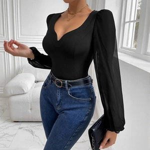 Elegant black V-neck bodysuit for women featuring sheer mesh lantern sleeves and slim fit